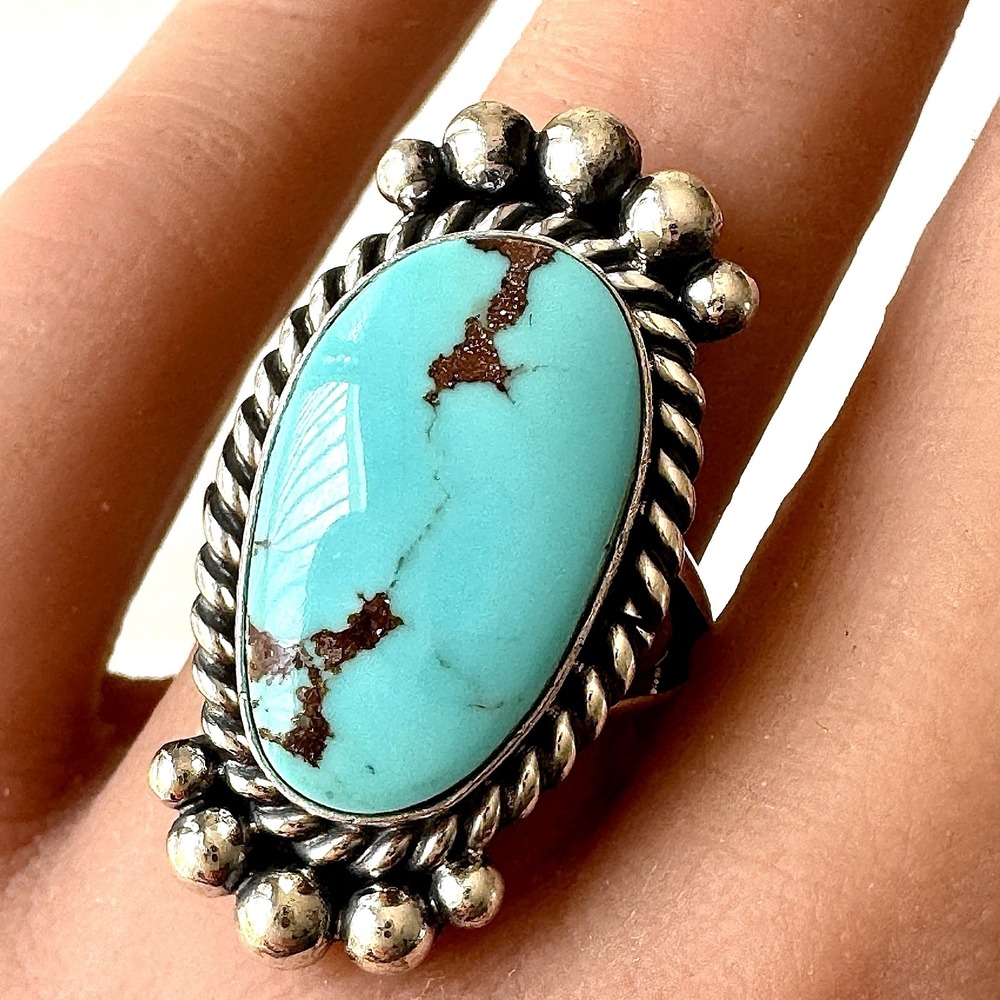 Navajo Turquoise Ring Sz 7 Signed Spencer Sterling Native American Handmade